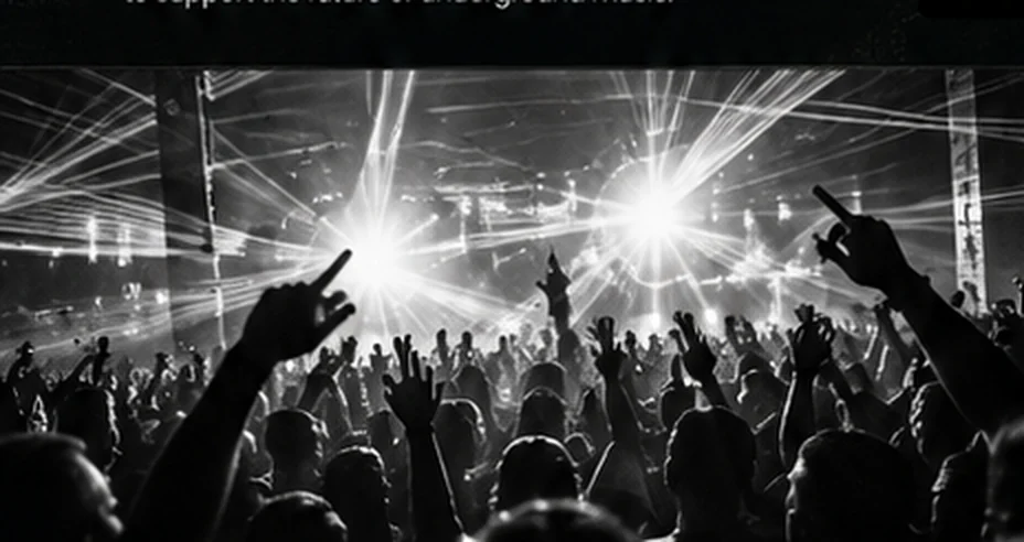 A packed dancefloor under dramatic spotlights